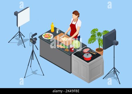Isometrische Frau, die Video auf der Kamera in der Küche aufzeichne. Food Blogger oder Cooking Video Blog Konzept. Online Kochkurse Für Köche. Stock Vektor