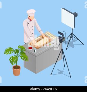 Isometrischer Koch, der Video auf der Kamera in der Küche aufführt. Chef in White Uniform Blogger, Food Blogger oder Kochen Video Blog Konzept. Online-Kochen Stock Vektor