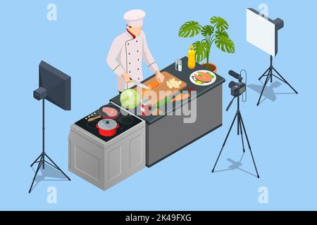 Isometrischer Koch, der Video auf der Kamera in der Küche aufführt. Chef in White Uniform Blogger, Food Blogger oder Kochen Video Blog Konzept. Online-Kochen Stock Vektor