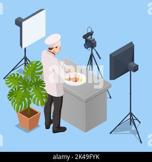 Isometrischer Koch, der Video auf der Kamera in der Küche aufführt. Chef in White Uniform Blogger, Food Blogger oder Kochen Video Blog Konzept. Online-Kochen Stock Vektor