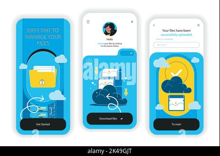 Cloud-Technologie-Konzept Onboarding Bildschirme. Datei-Upload, Online-Übertragung, Backup und sichere Serverspeicherung. UI, UX, GUI User Interface Kit mit Flat Stock Vektor