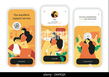 Bildschirme für das Onboarding des Kundensupportskonzepts. Call Center, Kundenberatung, lösen Probleme des Kunden. UI, UX, GUI User Interface Kit mit Flat Stock Vektor