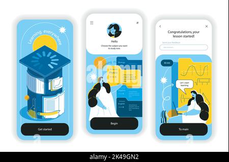 Online-Schulungskonzept Onboarding-Bildschirme. Wissensvermittlung für die Bildungsplattform mit Videovorträgen. UI, UX, GUI User Interface Kit mit Flat Stock Vektor