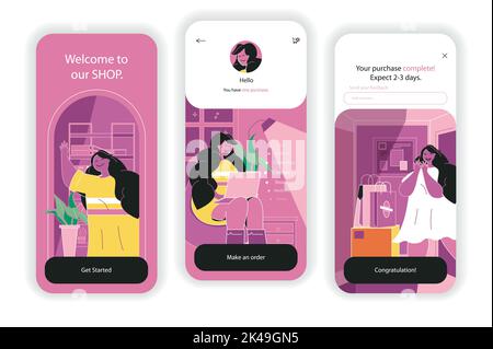 Shopping-Konzept Onboarding-Bildschirme. Bestellung von Waren auf Shop-Website, Rabatt-Preise, Zahlung in App. UI, UX, GUI User Interface Kit mit Flat Stock Vektor