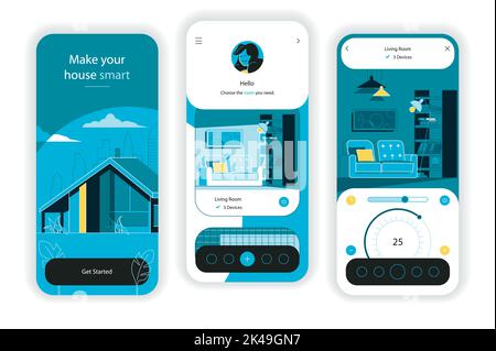 Smart-Home-Konzept Onboarding-Bildschirme. Fernsteuerung von Temperatursensoren, Energie, Sicherheitssystem in App. UI, UX, GUI User Interface Kit mit Flat Stock Vektor