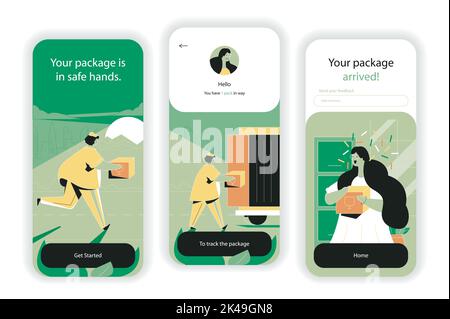Bildschirme für das Onboarding des Lieferdienstkonzepts. Schnelle Kurierzustellung von Paketen, Logistik und Expressversand. UI, UX, GUI User Interface Kit mit Stock Vektor