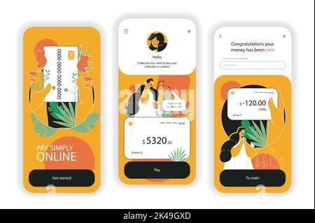 Online-Zahlungskonzept Onboarding-Bildschirme. Bestellung von Waren auf der Store-Seite, digitale Rechnung und Bezahlung in App. UI, UX, GUI User Interface Kit mit Flat Stock Vektor