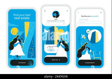 Bildschirme für das Onboarding von Immobilienkonzepten. Suchen Sie nach Wohnraum in Anwendung, kaufen oder mieten Wohnung oder Haus. UI, UX, GUI User Interface Kit mit Flat Stock Vektor
