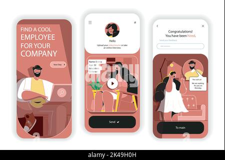 Einstellungskonzept Onboarding-Bildschirme. Personalwesen, Suche nach Mitarbeitern für offene Stellen, Vorstellungsgespräche. UI, UX, GUI User Interface Kit mit Flat Stock Vektor