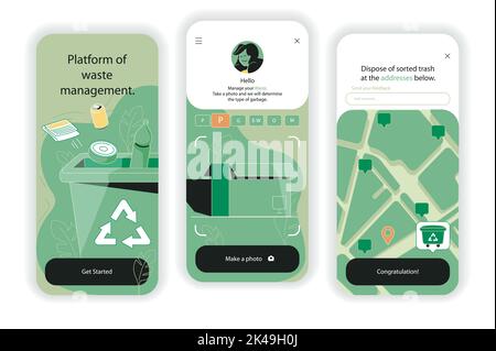 Bildschirme für das Einsteigen von Konzepten für das Abfallmanagement. Trennung verschiedener Abfälle, Recycling, Wiederverwendung und Logistik in App. UI, UX, GUI User Interface Kit mit Stock Vektor