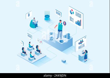 Coaching von 3D isometrischem Webdesign. Die Menschen hören auf Business Coach bei der Konferenz und verbessern ihre beruflichen Fähigkeiten, der Coach optimiert das Geschäft Stock Vektor