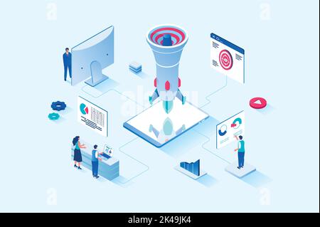 Digitales Marketing 3D isometrisches Webdesign. Menschen erstellen Promo-Inhalte und machen Werbekampagnen für Unternehmen und Startups, Targeting und Stock Vektor