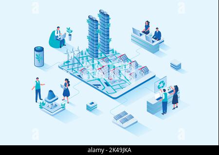 Green City 3D isometrisches Webdesign. Die Menschen nutzen alternative Energiequellen und eine umweltfreundliche Infrastruktur, Solarzellen und Windmühlen, die in der Nähe arbeiten Stock Vektor