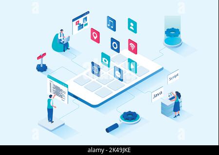 App-Entwicklung 3D isometrisches Web-Design. Die Benutzer erstellen eine Vorlage für die Benutzeroberfläche, platzieren Anwendungsschaltflächen auf dem Bildschirm, arbeiten mit Codes und Programmen Stock Vektor