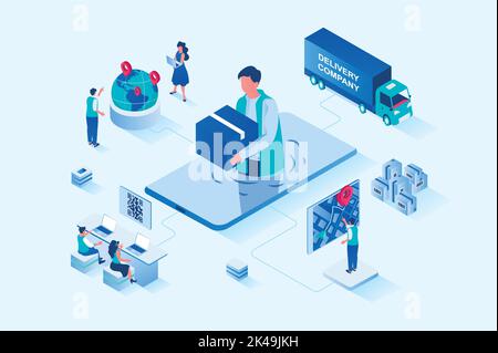 Online-Lieferung 3D isometrisches Web-Design. Menschen bestellen Waren auf der ganzen Welt, verwenden schnelle Lieferung von Paketen, Online-Tracking in der Anwendung, Fracht Stock Vektor