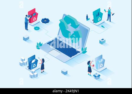 Abfallentsorgung 3D isometrisches Webdesign. Die Menschen sammeln und sortieren Müll in Mülltonnen für Plastik, Papier, Glas, organische und andere Abfälle, recyceln und Stock Vektor