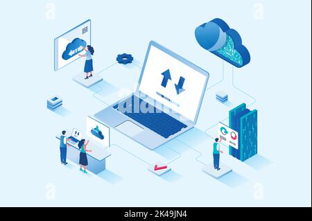 Cloud Computing 3D isometrisches Webdesign. Menschen übertragen Daten, teilen den Sicherheitszugriff auf Online-Speicher für andere Benutzer, nutzen Hosting-Dienste oder arbeiten Stock Vektor