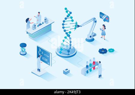 Medizinisches Labor 3D isometrisches Webdesign. Menschen Wissenschaftler erforschen die molekulare Struktur der dna auf modernen Laborgeräten machen Forscher Tests Stock Vektor