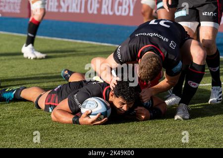 Während des Spiels der Gallagher Premiership gegen Saracens Leicester Tigers im StoneX Stadium, London, Großbritannien, 1.. Oktober 2022 (Foto von Richard Washbrooke/Nachrichtenbilder) Stockfoto