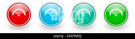 Geschwindigkeitsmesser, Symbole für schnelle Anzeigevektoren, farbenfrohe, glänzende Knöpfe auf Weiß Stock Vektor