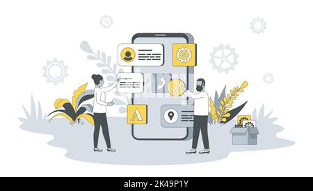 App-Entwicklungskonzept im flachen Design mit Menschen. Mann und Frau platzieren Tasten auf der mobilen Benutzeroberfläche Layout, erstellen und Einstellungen Anwendungen. Vektor Stock Vektor