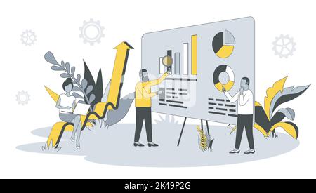 Analytics-Konzept im flachen Design mit Menschen. Männer und Frauen analysieren und recherchieren Geschäftsdaten, arbeiten mit Finanzgraphen am Dashboard. Vektor Stock Vektor