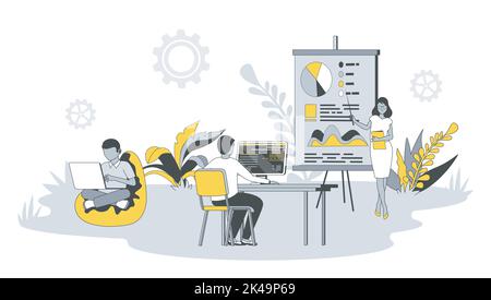 Coworking Bürokonzept im flachen Design mit Menschen. Mann und Frau arbeiten an Laptops oder Computern, diskutieren und Brainstorming im offenen Raum. Vektor Stock Vektor