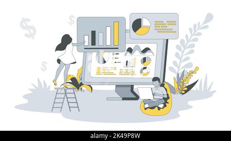 Wirtschaftliches Konzept in flacher Bauweise mit Menschen. Frau und Mann analysieren Finanzdiagramme und -Diagramme, planen das Budget und verwalten die Geldeinsparungen. Vektor Stock Vektor