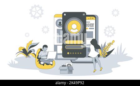 UI UX Layouts Designkonzept in flachem Design mit Menschen. Männer und Frauen erstellen eine Benutzeroberfläche auf dem mobilen Bildschirm und optimieren die Positionen der Schaltflächen. Vektor Stock Vektor