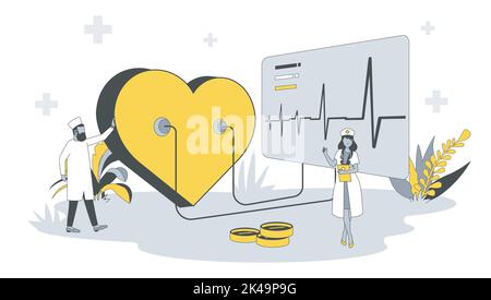 Medizinkonzept in flacher Bauweise mit Menschen. Arzt Kardiologe untersucht Herz und macht Kardiogramm, Krankenschwester schreibt Rezept für Medikamente. Vektor Stock Vektor