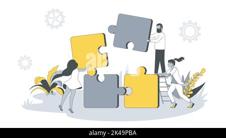 Teamwork-Konzept im flachen Design mit Menschen. Männer und Frauen arbeiten und konstruieren Puzzles, erzeugen neue Ideen, Zusammenarbeit und Brainstorming. Vektor Stock Vektor