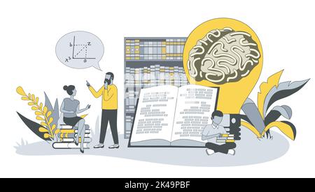 Wissenskonzept im flachen Design mit Menschen. Frau und Mann lesen Bücher und Lehrbücher, denken und diskutieren, Ideen generieren, Fähigkeiten verbessern. Vektor Stock Vektor
