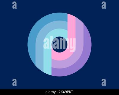 Pastellblau und lila Kreis Design-Vorlage auf dunkelblauem Hintergrund. Buchstabe P. Buchstabe J. Buchstabe O. Unternehmenssymbol. Sanfte Farbpalette. Stock Vektor