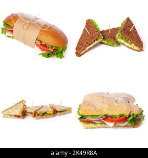 Collage setzen Desserts und Snacks auf weißem Hintergrund Stockfoto