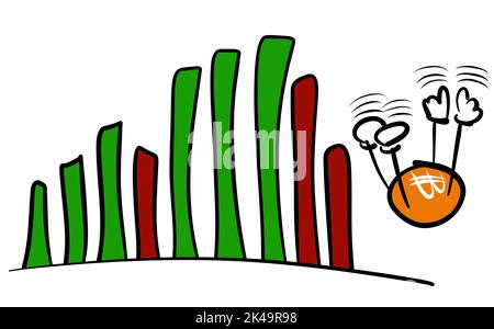 Abbildung der Bitcoin-Kryptowährung, die mit einem von Hand gezeichneten Balkendiagramm nach unten fällt Stockfoto