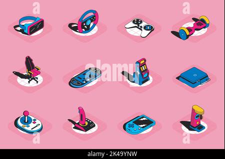 Spielgeräte 3D isometrische Symbole gesetzt. Pack Elemente von vr Brille, verschiedene Joysticks, Gamer Stuhl, Spielautomat, Controller, Spielkonsole und Stock Vektor