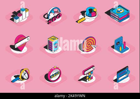 SEO-Optimierung 3D isometrische Symbole gesetzt. Pack Elemente von Verkehr, Bewertung, Netzwerk, Ziel, Keyword-Page-Ranking, Datenanalyse, Strategie und andere Stock Vektor