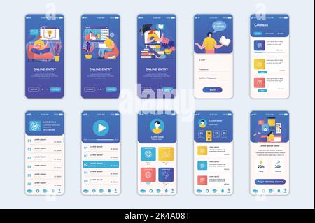 Bildschirme für das Bildungskonzept für die Vorlage für mobile Apps. Menschen lernen in Online-Kursen, Fernstudium in der Schule. UI, UX, GUI User Interface Kit für Stock Vektor