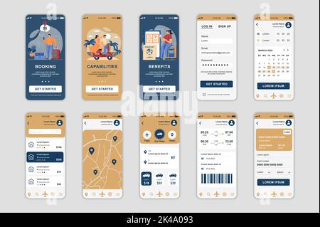 Bildschirme für Buchungskonzept für mobile App-Vorlage festgelegt. Die Leute bestellen online ein Taxi, kaufen Flugtickets und touristische Ausflüge. UI, UX, GUI User Interface Kit für Stock Vektor