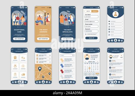 Medicine Concept Screens für mobile App-Vorlage eingestellt. Die Leute wählen Spezialisten, vereinbaren Sie einen Termin mit einem Arzt online. UI, UX, GUI User Interface Kit Stock Vektor