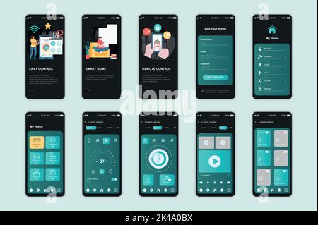 Smart-Home-Konzept-Bildschirme für mobile App-Vorlage festgelegt. Menschen steuern Temperatursensoren, Beleuchtung, Sicherheitssystem. UI, UX, GUI User Interface Kit Stock Vektor