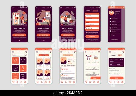 Shopping-Konzept-Bildschirme für mobile App-Vorlage eingestellt. Die Leute kaufen zu den besten Preisen, wählen Produkte und bezahlen online. UI, UX, GUI User Interface Kit für Stock Vektor