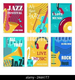 Jazz-Festival, Live-Musik-Konzertposter, Flyer, Kartenschablonensatz. Vektor-flache Darstellung von Musikinstrumenten, Musiknoten und Zubehör. Stock Vektor