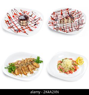 Collage setzen Desserts und Snacks auf weißem Hintergrund Stockfoto