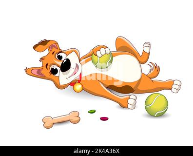 Cartoon kleiner Hund, der sich hinlegt und mit einem Tennisball spielt. Doggy spielt mit Spielzeug. Stock Vektor