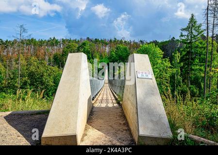 Ein Blick auf die hohe Schrecke Hängebrücke an einem Sommertag Stockfoto