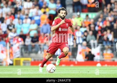 Liverpool, Großbritannien. 01. Oktober 2022. Mohamed Salah aus Liverpool in Aktion. Premier League Spiel, Liverpool gegen Brighton & Hove Albion am Samstag, 1.. Oktober 2022, im Anfield in Liverpool. Dieses Bild darf nur für redaktionelle Zwecke verwendet werden. Nur zur redaktionellen Verwendung, Lizenz für kommerzielle Nutzung erforderlich. Keine Verwendung in Wetten, Spielen oder einem einzigen Club / Liga / Spieler Publikationen. PIC von Chris Stading / Andrew Orchard Sport Fotografie / Alamy Live News Kredit: Andrew Orchard Sport Fotografie / Alamy Live News Stockfoto