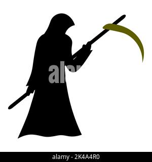 Grimmiger Reaper. Silhouette. Ein paranormales Wesen in einer Kapuzenrobe. Der Tod ist gekommen, um die Seele zu ergreifen. Vektorgrafik. Isolierter weißer Hintergrund. Stock Vektor