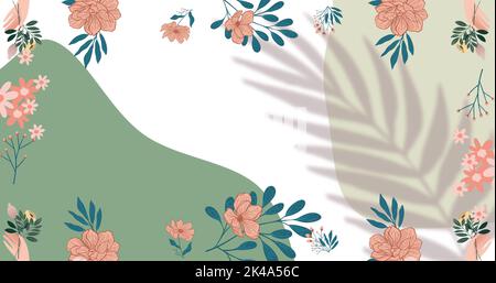 Bild von rosa Blumen mit Blättern über Palmenblatt Schatten und grünen organischen Formen auf weißem Hintergrund Stockfoto