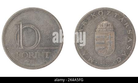 10 Ungarischer Forint (HUF) Münze mit beiden Seiten auf weißem Hintergrund Stockfoto